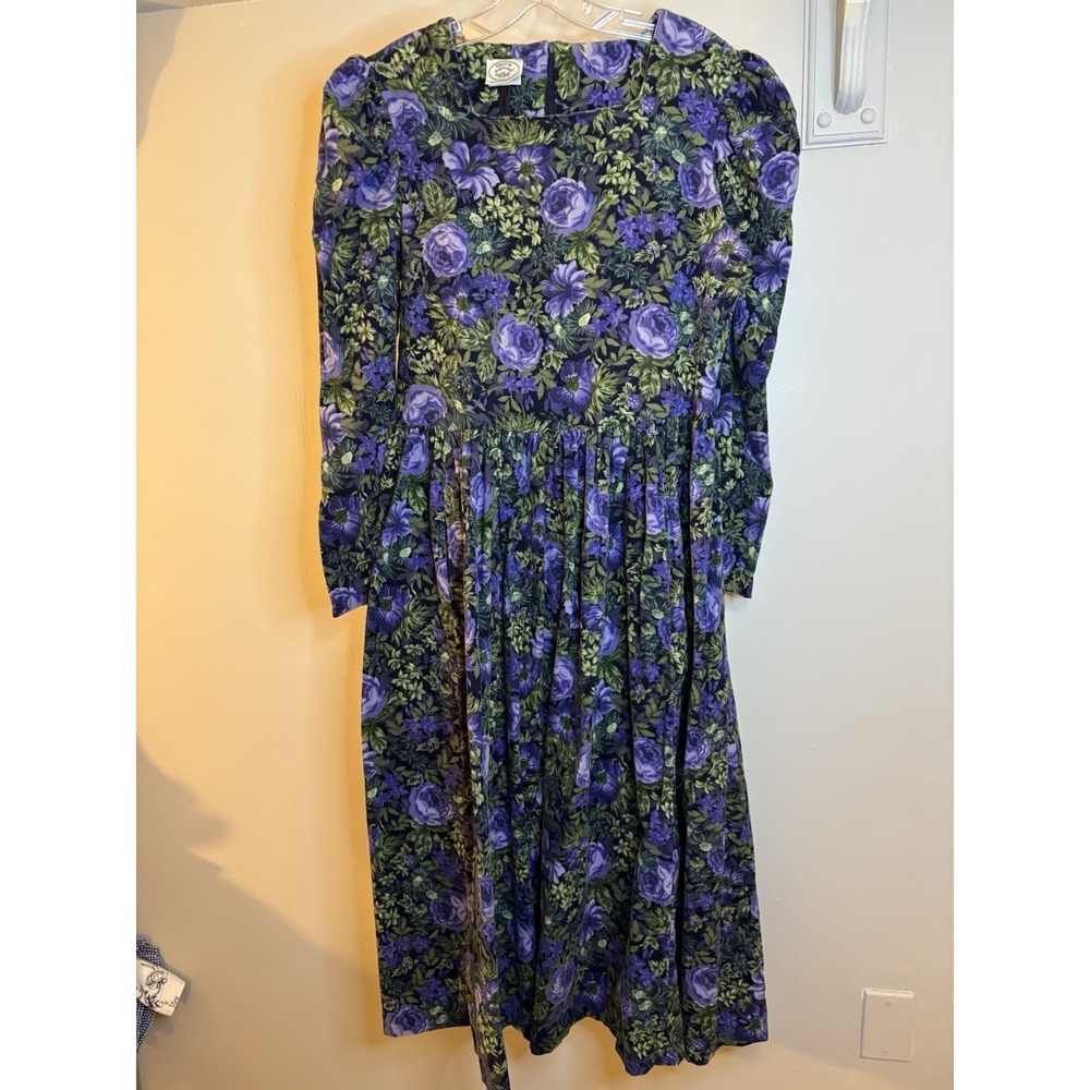 VINTAGE LAURA ASHLEY Purple Floral Corduroy Dress 8 80's Puff Sleeves